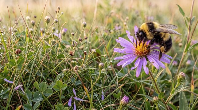 Macro shot of a fuzzy bumblebee collecting pollen on a vibrant purple wildflower