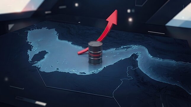 Tactical military command console showing blue digital map of Persian Gulf and Strait of Hormuz with single oil barrel