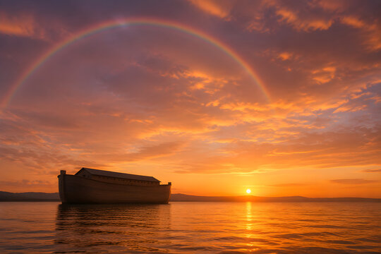 Noah Ark wooden boat on calm water under full rainbow and golden orange sunset sky, biblical scene of divine promise, god covenant with humanity, salvation, hope and new beginning
