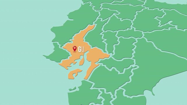 Mapa de Ecuador con divisi&oacute;n pol&iacute;tica resaltando la provincia Guayas