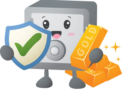 Cute safe character holds shield and gold bars