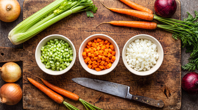 Fresh mirepoix vegetables on wooden board. Chopped carrots, celery and onions for cooking.