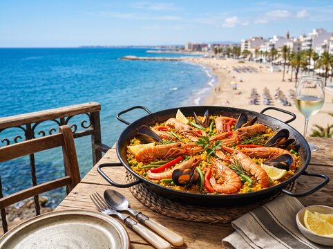 Authentic Spanish seafood paella in black pan on beach wooden table in Valencia with copy space