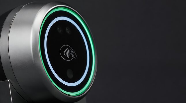 Contactless Payment Terminal with Glowing Green LED Ring for Secure Wireless Transactions.