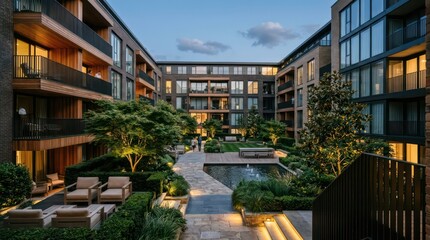 Obraz premium Serene dusk residential courtyard featuring tiered garden levels and illuminated pool area.