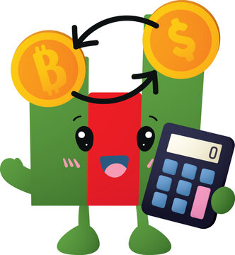 Cartoon character holds calculator, symbolizing financial exchange