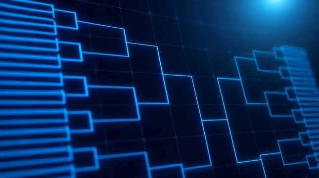 Digital Tournament Bracket with Glowing Blue Neon Lines on Dark Background.