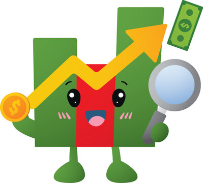 Cartoon character shows upward trend with coins and magnifying glass