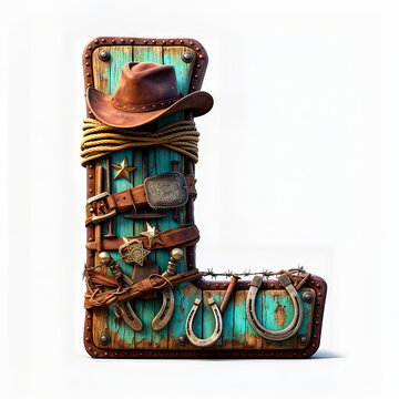 letra L, sombrero, soga, sherif, madera vieja, hebilla, herradura, fajo, cinto cuero, cuero, vaquero, estrella, oeste, viejo oeste, viejo, estatua, arte, antig&uuml;edad, dorada, cultura, antique, religion