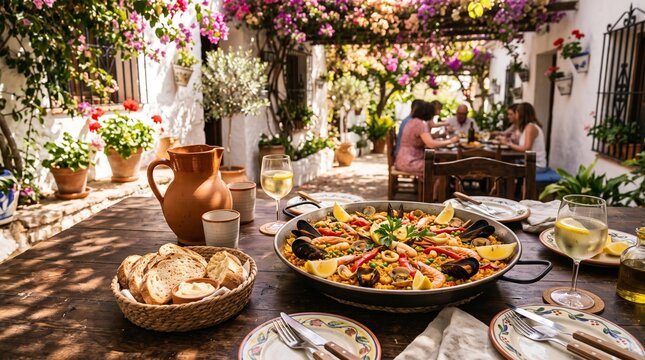 Traditional Spanish seafood paella on rustic patio table with wine and bread with copy space