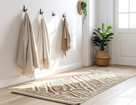 beige textured throw blankets hanging on wall hooks above a patterned woven rug in a sunny home hallway interior