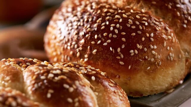 Freshly Baked Golden Challah Bread Rolls Sprinkled with Sesame Seeds