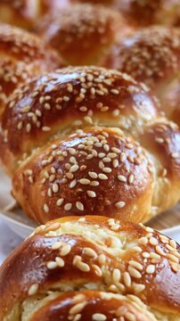 Freshly Baked Golden Challah Bread Rolls Sprinkled with Sesame Seeds
