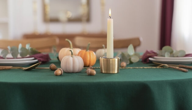 Elegant Thanksgiving table with pumpkins and candle