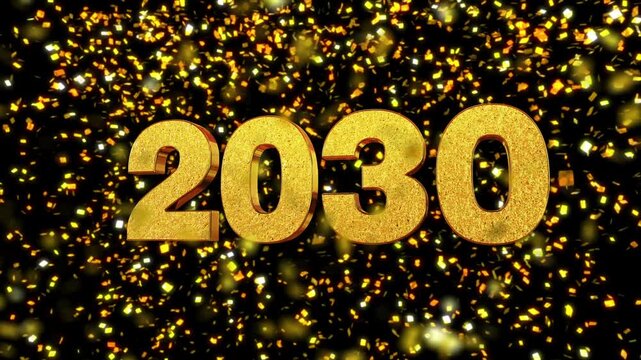 Gold confetti 3d text logo Western calendar Year 2030