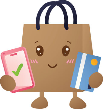 Brown paper bag with happy face and legs holds phone and card