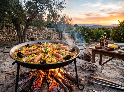 Authentic Spanish seafood paella cooking over outdoor wood fire with copy space