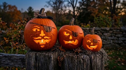Halloween Witch Hat with Glowing Pumpkins on Rustic Table