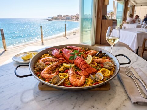 Luxury Spanish seafood paella with whole roasted lobster in fine dining restaurant with copy space