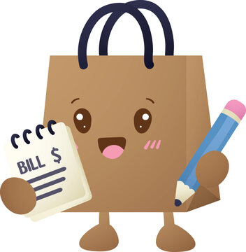 Cartoon paper bag with friendly face holds a bill and pencil