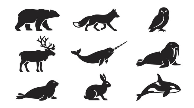 Forest and arctic wildlife black silhouette icon set.