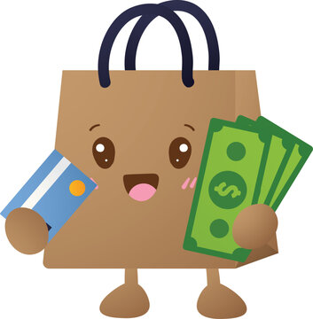 Brown paper bag with happy face holds credit card and cash