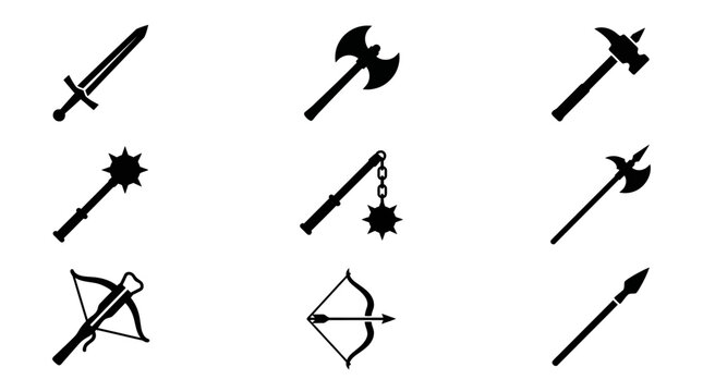 Medieval fantasy weapons and armory silhouette icon set.