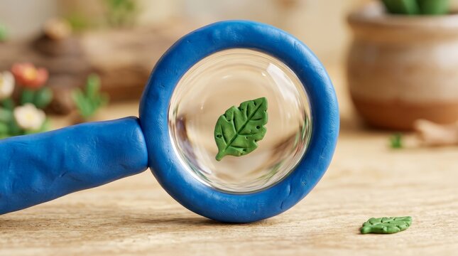 Blue magnifying glass examining a green leaf in 3d clay style