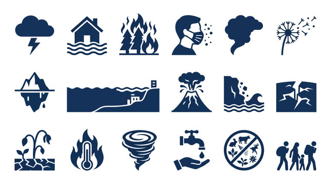 Set of flat blue icons depicting various natural disasters and environmental hazards on white background