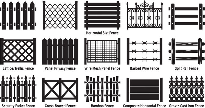 Comprehensive collection of various fence designs and styles as black vector silhouettes for architecture and construction