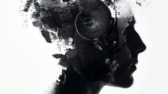 Prompt: An avant-garde minimalist surrealism portrait of radical transformation. A crisp silhouette profile is filled with a dreamscape of a powerful bighorn sheep ramming through and shattering 