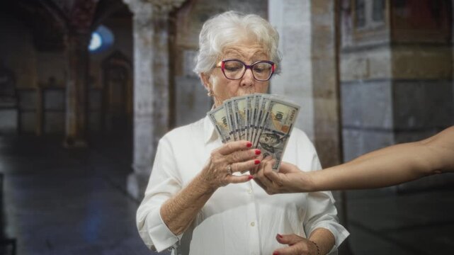 Senior woman counting banknotes and holding cash with visible hands in a stone building; surprise security.