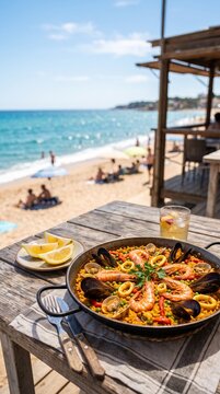 Fresh Spanish seafood paella served at beach bar chiringuito with copy space