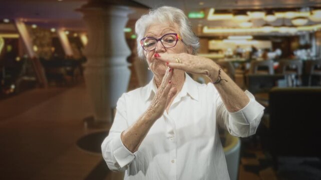 Elderly woman with colorful glasses and white shirt forming time out sign with hands in a busy restaurant dining room; warning boundary.
