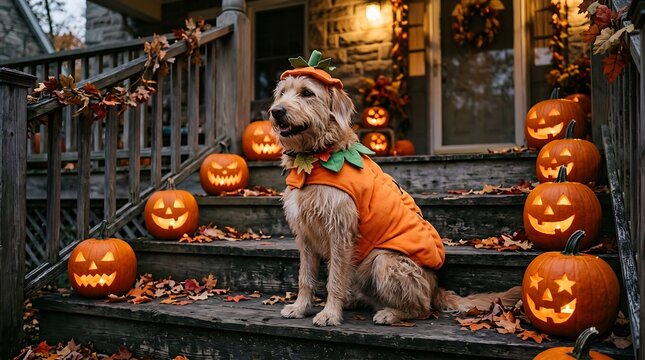 Cute Dog Wearing Halloween Costume Beside Pumpkins
