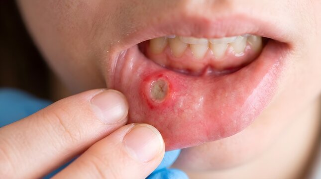 Close-up of a person's mouth showing a painful canker sore on the lip