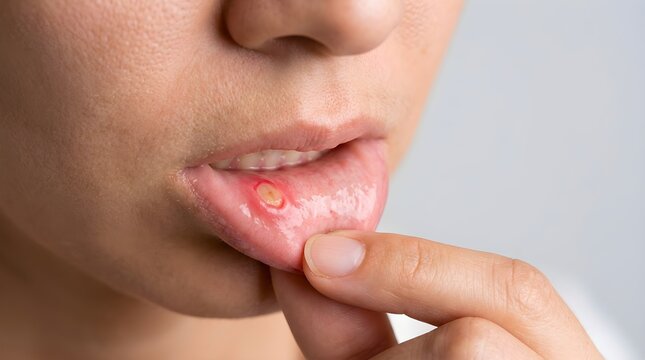 Close up view of a person pulling down lower lip to reveal a painful mouth ulcer or canker sore