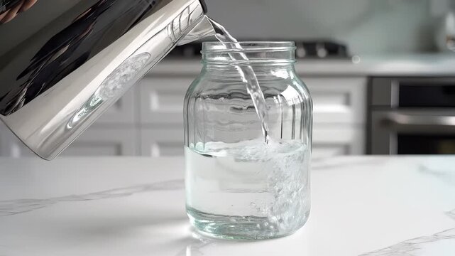 Water Pouring into a Glass Jar on a Kitchen Counter Featuring Clear Liquid Flowing from a Shiny Silver Pitcher into an Empty Jar Revealing Bubbles and Movement