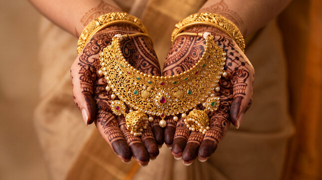 Closeup of a bride holding a traditional gold necklace in her hennadecorated hands