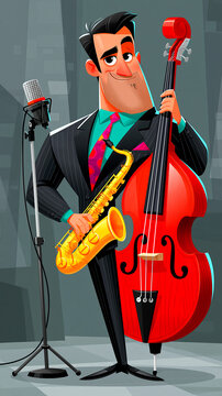 Jazz musician holding saxophone and double bass in suit