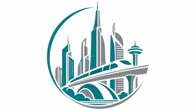 Modern futuristic city skyline with monorail logo.