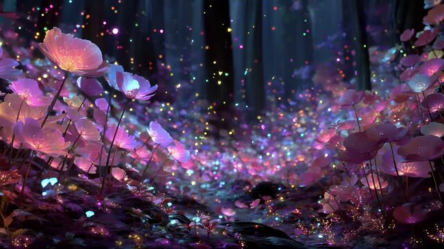 Fantasy, mysterious, wallpaper. A vivid, fantastical depiction of a magical forest. The main subject is a dense forest floor covered in glowing pink and purple flowers.