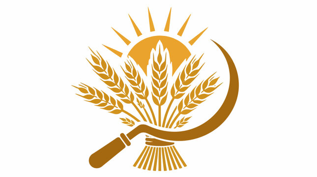 Wheat bundle and sickle tool with sun rays.