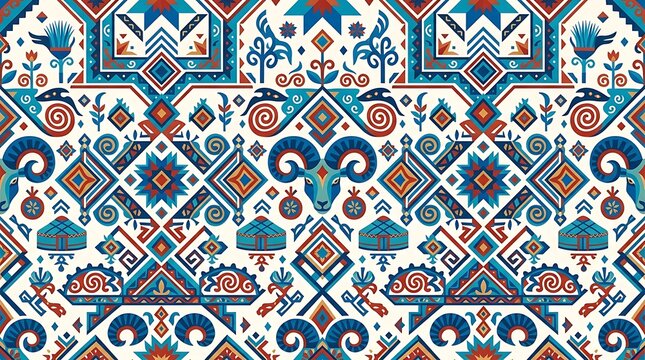 Geometric folk art pattern featuring ram heads and nomadic tents