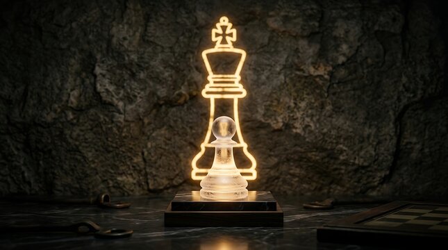 Chess pawn stands directly in front of a glowing neon outline of a king piece upon a dark stone surface.
