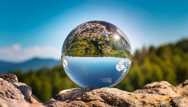 Reflection Of Vibrant Natural Landscape In Clear Glass Sphere On Uneven Rocky Terrain