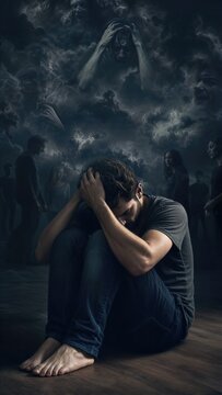 Man suffering from depression and anxiety sitting on floor. Distressed male surrounded by shadow figures in dark storm clouds. Mental health crisis, psychological trauma and social panic.