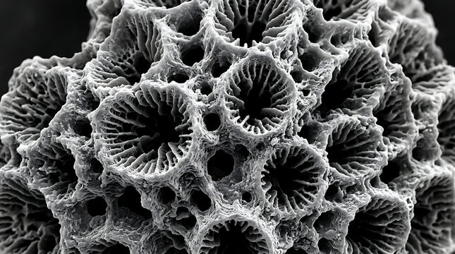Calcified coral surface reveals intricate radial patterns captured through detailed scanning electron microscopy.