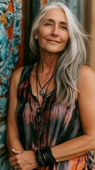 Fototapeta premium Mature woman with long flowing silver hair smiling gently