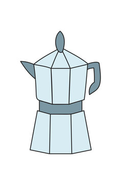 Coffee pot icon sketch as outdoor element in blue color. Metal mug and camp equipment, pot for picnic or adventure, perfect for travel or camping concepts.